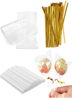 اشتري 600 Pcs Lollipop Set Cake Pop Kit, Including 200 Lollipop Sticks, 200 Parcel Bags and 200 Gold Metallic Twist Ties for Candy Cake Pop Chocolate Cookie Wrapping Buffet Party Favors في مصر