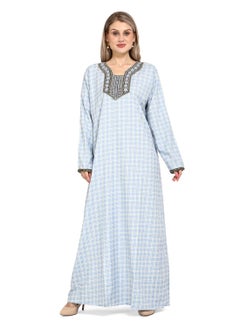 اشتري ELEGANT FRONT EMBROIDERY WITH BEAUTIFUL CHECK PRINTED STYLISH CASUAL ARABIC KAFTAN JALABIYA DRESS في السعودية