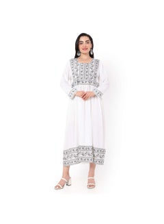 Buy SHORT WHITE COLOUR HIGH QUALITY FLORAL PRINTED WITH FRONT BUTTONED STYLED ARABIC KAFTAN JALABIYA DRESS in Saudi Arabia