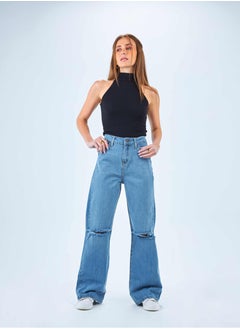 اشتري High-Waist Light Blue Ripped Frayed Knees Wide Leg Jeans. في السعودية