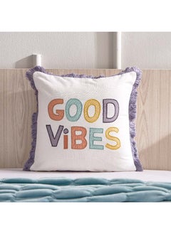 اشتري Playland Good Vibes Printed Embroidered Cotton Filled Cushion with Frill 40 x 40 cm في السعودية