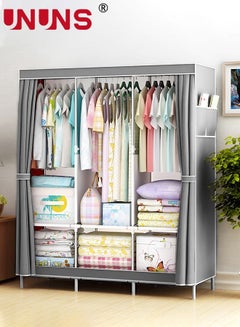 Buy Wardrobe Storage Closet,Fabric Clothes Organizer With Side Pockets,Zipper And Hanging Rail,Foldable Non-Woven Textile Storage Clothing Rack,Grey in UAE