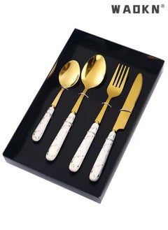 اشتري New Ceramic Handle Stainless Steel Cutlery Set Dinner Tableware Set Gold Cake Fork Tea Spoon Knife Dinnerware Set, Elegant Mirror Polished Design,New Gold Stainless Steel Tableware Set في السعودية