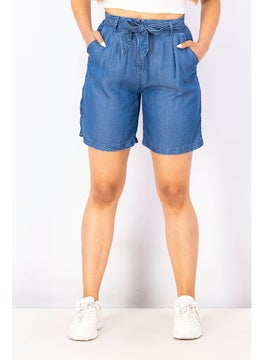 اشتري Women Plain Belted Denim Shorts, indigo في الامارات