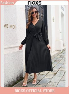 Buy Women's V Neck Elegant Belted Long Sleeve Solid Color Maxi Dress High Waist Pleated A-Line Long Dress in UAE