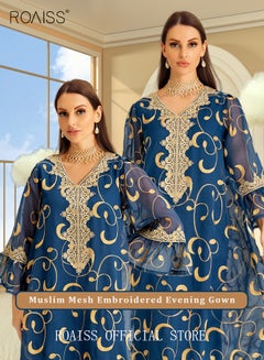 Buy Ramadan Women Muslim Dress Sequin Blue Mesh Embroidery Evening Party Gown Bell Sleeve Long Dresses Party Robe Women Embroidery Islamic Dresses in Saudi Arabia