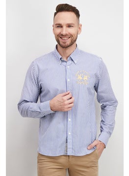 Buy Men Regular Fit Long Sleeve Stripped Casual Shirt, White and Blue in Saudi Arabia