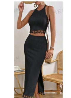 Buy SHEIN VCAY Tassel Trim Crop Halter Top & Split  Skirt in Egypt