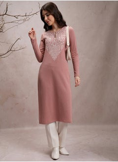 Buy Ribbed Embroidered Straight Fit Kurta in Saudi Arabia