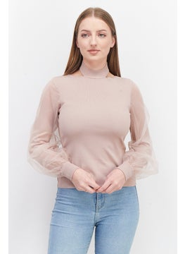 Buy Women Tie Neck Long Sleeve Plain Blouse, Mauve in UAE