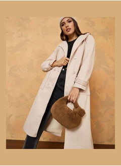 Buy Midi Length Regular Fit Wool Like Hooded Double Breasted Coat with Belt in Saudi Arabia