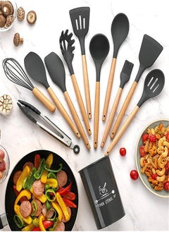 Buy 11- Piece Wooden Handle Non Stick Cookware Spoon Set Grey in Egypt