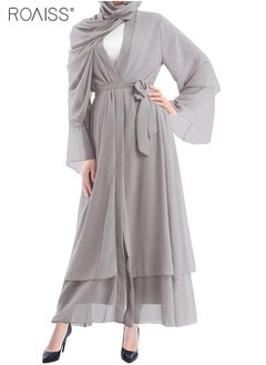 اشتري Solid Color Double Layered Chiffon Muslim Abaya Dress for Women's Daily Commuting Banquet Formal Occasion Cardigan Robe Paired With Same Color Buckle Belt (excluding matching dress and headscarf) في الامارات