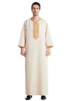 اشتري Men's Casual Full Length Embroidery Abaya Robe Islamic Arabic Kaftan Beige/Gold في السعودية