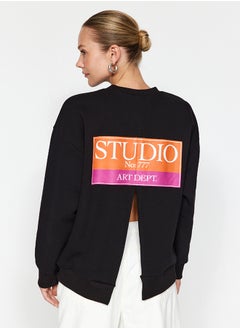 Buy Black Back Print Detailed Thick Inside Fleece Regular Fit Slit Knitted Sweatshirt TWOAW24SW00387 in Egypt