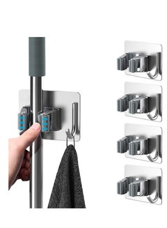 Buy Mop Holder for Kitchen, Home Garage and Laundry, Mop Holder with Wall Mount, Multipurpose Mop and Broom Holder Organizer (Pack of 4) - Silver in Saudi Arabia