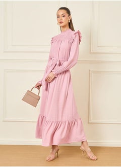 Buy Dobby Smocked Ruffle Detail A-Line Maxi Dress with Self Tie Up in Saudi Arabia