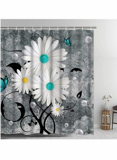 Buy Shower Curtain, Floral Butterfly White Daisy Shower Curtain for Bathroom Farmhouse Rustic Bathroom Curtain with 12 Hooks, Waterproof Fabric Flower Bathroom Shower Curtains, 72" x 72" (Grey) in UAE