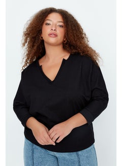 Buy Black V-Neck Pleat Detail Knitted Thin Sweatshirt. in Egypt