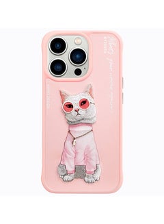 Buy Apple iPhone 14 Pro Max Pink Cat With Original Glasses & Original Chain 3D Embroidery Case in UAE