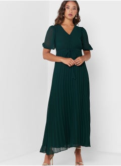 Buy V-Neck Tie Detail Pleated Dress in UAE