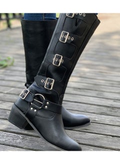 Buy Women's Solid Color Boots, Slip On Point Toe Chunky Heel Buckle Decor Western Mid Calf Shoes, Versatile Cowboy Shoes in UAE