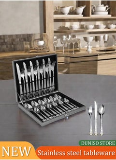 Buy 24 Piece Cutlery Set Stainless Steel Flatware Cutlery Set, 6 Each Knife, Spoon, Fork, teaspoon, Multi Person Cutlery Set Silver 32x26x5 cm in Saudi Arabia