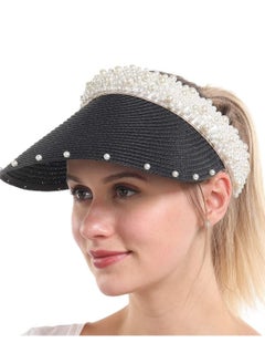 اشتري Sun Visor Hats for Women Girls Wide Brim Bowknot Pearl Straw Roll Up Ponytail Summer Beach Hat UV UPF Packable Foldable Travel (Black) في الامارات