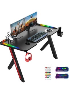 Buy Gaming Desk with LED Lights RGB Gaming Computer Table with Carbon Fibre Surface LED Home Office Desk with Remote Control Pc Workstation with Cup Holder and Headphone Hook 60 * 140cm Black in Saudi Arabia