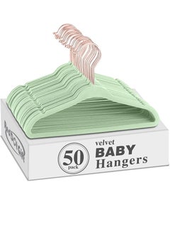 Buy 50-Pack Light Green Color Baby Velvet Hangers 11Inch - Nursery Clothes Hangers Non Slip Toddler Hangers, 360 Chrome Rose-Gold Hook. in UAE