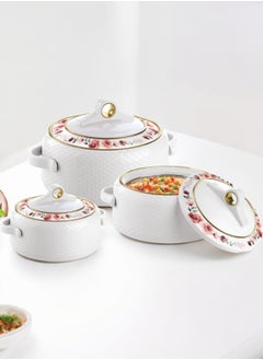 اشتري Nayasa Deluxe Coral Insulated Casserole Set, 3 Pieces, 2500 ml, 3500 ml and 5000 ml - White في السعودية