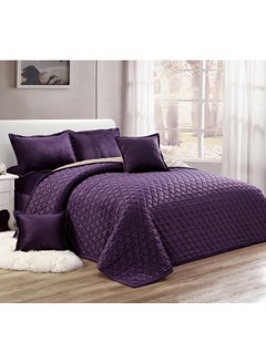 Buy 4 Pieces Dual Color Comforter Set For All Season Single Size 160x210 Cm Velvet Bedding Set Geometric Quatrefoil Cloud Stitched Design Purple in Saudi Arabia