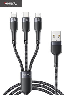 اشتري كابل بيانات شحن سريع 3 في 1، كابل بيانات USB إلى Lightning/Micro/Type-C، سلك مضفر من النايلون المتين، شحن سريع 3A، متوافق مع هواتف Apple Android المحمولة والمزيد (1.2 متر، أسود) في السعودية