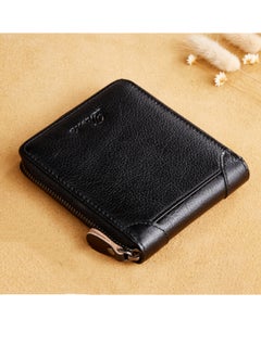 Buy Men's Wallet Genuine Leather Short Zipper Top Layer Cowhide Anti-theft Card Swiping Wallet Black in UAE