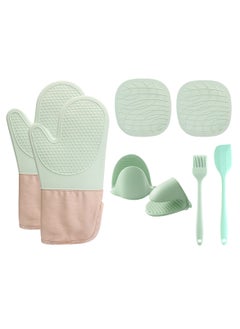 Buy Extra Long Silicone Oven Mitts and Pot Holders Set, Heat Resistant Mittens with Mini Gloves Hot Pads and Oil Brush , for Kitchen Baking Cooking in UAE