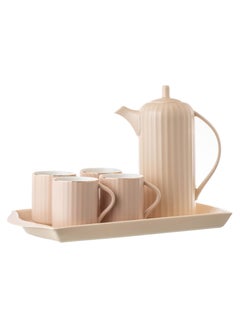 Buy Tea Set with tray Ceramic 7 Pieces beige Color in Saudi Arabia