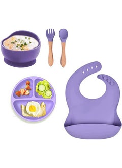 Buy Silicone Baby Feeding Set, PRITZKER Toddler Divider Plate & Bowl with Suction, BPA Free Baby Tableware Set with Adjustable Soft Silicone Bib & Utensils (Purple) in Saudi Arabia