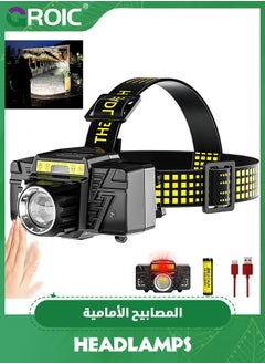 اشتري Headlamp Rechargeable 10000 Lumens, Bright Head Lamps Outdoor Motion Sensor Led Headlight,5 Modes Zoomable Mutifunction Headlamps with Carabiner,Red Warn Light head flashlight for Camping Running في الامارات