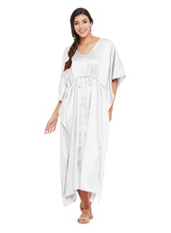 اشتري فستان نوم نسائي طويل من الساتان الأبيض مقاس كبير، قفطان كاجوال طويل للسيدات في الامارات