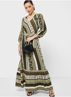 Buy Printed V-Neck Ruffle Hem Dress in Saudi Arabia