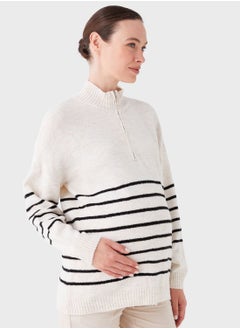 Buy Zip Detail Striped Knitted Sweater in Saudi Arabia