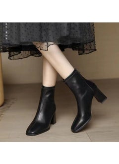 Buy Soft low soft surface short boots womens new thin boots womens back zipper square toe chunky heel single-layer boots slimming French high heel boots womenBlack with cotton Black with cotton in UAE