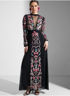 Buy Mesh Detail Printed Dress in UAE