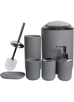 Buy Bathroom Accessories Set, Plastic Gift Bath Set of 6 with Trash Can, Toilet Brush, Toothbrush Holder, Soap Dispenser, Soap Dish, Soap and Lotion Set (Grey) in UAE