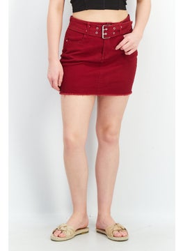 اشتري Women Solid Belted Denim Mini Skirt, Maroon في السعودية