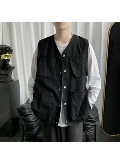 اشتري Japanese Style Workwear Vest Neutral Trendy Brand Hong Kong Style Loose Jacket Vest Mens and Womens Retro Multi-Pocket Sleeveless Waistcoat for MenBlack Black في السعودية