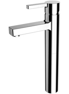 Buy One hole deck mount vanity basin tap, chrome tall basin mixer with one handle, and square water outlet bathroom faucet in UAE