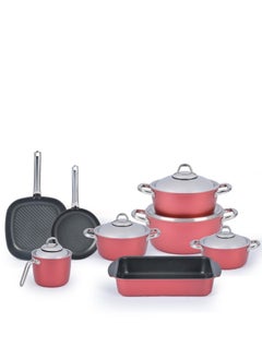 Buy Turkish cookware set, 13 pcs, round, red, non-stick, with a stainless steel lid in Egypt