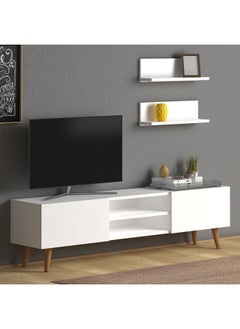 اشتري Home Canvas Plane Modern Tv Stand For Living Room, Tv Unit Media With Two Shelf Solid Beech Wood Legs -White في الامارات