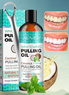 Buy 237 ml Coconut Oil Pulling Mouth Wash with Coconut and Peppermint Oil Ayurvedic Mouthwash for Fresh Breath Teeth Whitening Mint Pulling Mouthwash Natural Essential Oil Mouthwash with Tongue Scraper in UAE